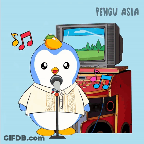 A Cartoon Of A Penguin Singing Into A Microphone With Pengu Asia Written On The Bottom Right GIF