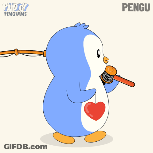 A Cartoon Of A Penguin Singing Into A Microphone With The Name Pengu Behind It GIF