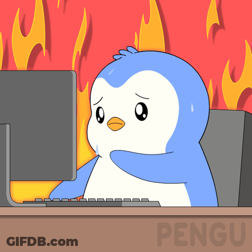 A Cartoon Of A Penguin Sitting At A Desk In Front Of A Computer With The Word Pengu On The Bottom Right GIF