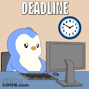A Cartoon Of A Penguin Sitting At A Desk With A Computer And A Clock Behind It That Says Deadline GIF