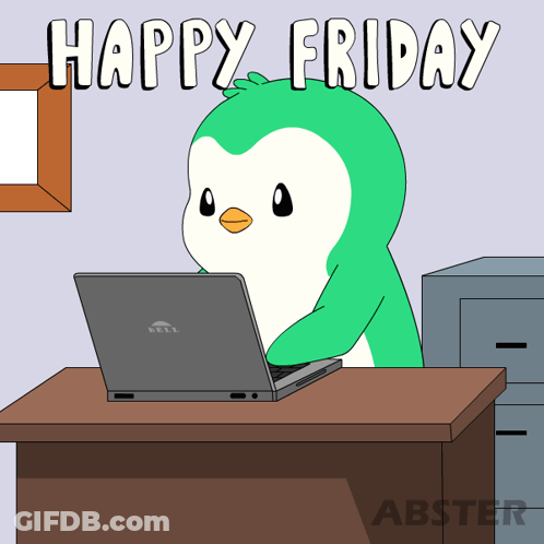 A Cartoon Of A Penguin Sitting At A Desk With A Dell Laptop GIF