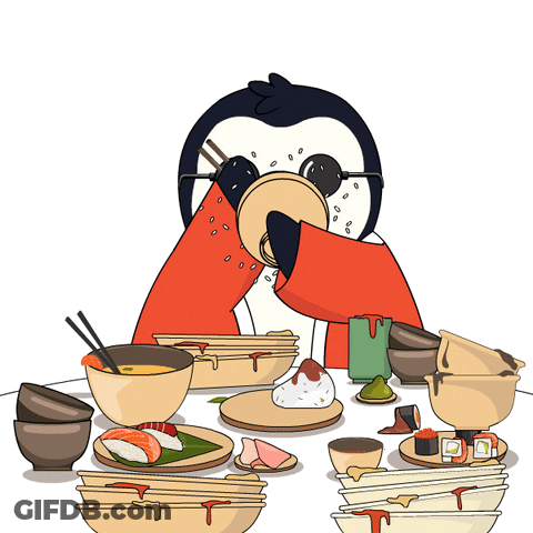 A Cartoon Of A Penguin Sitting At A Table Eating Food GIF