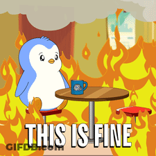 A Cartoon Of A Penguin Sitting At A Table With The Words " This Is Fine " On The Bottom GIF