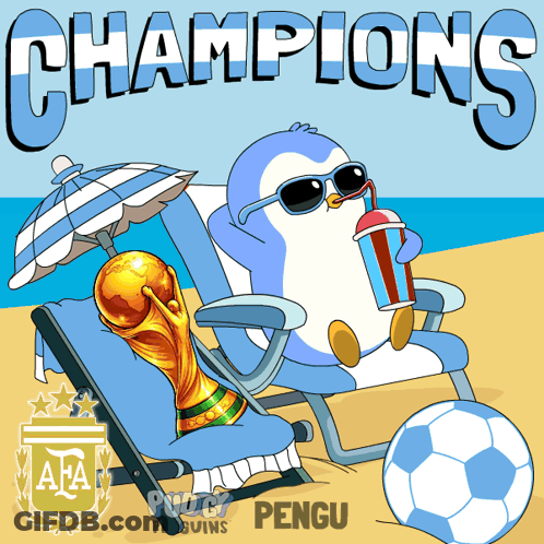 A Cartoon Of A Penguin Sitting In A Beach Chair Holding A Trophy And Drink GIF