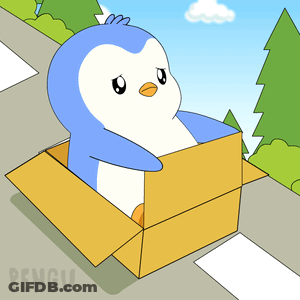A Cartoon Of A Penguin Sitting In A Cardboard Box With The Word Pengu On The Bottom GIF
