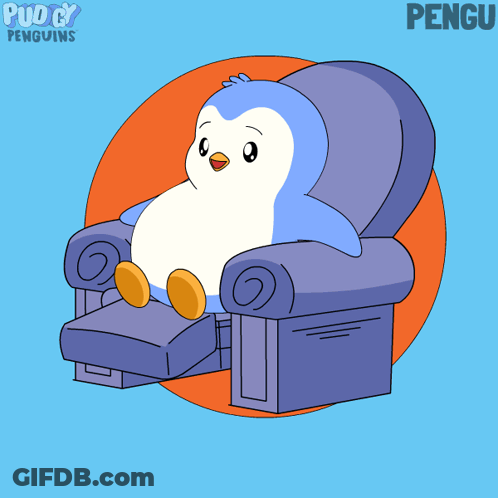A Cartoon Of A Penguin Sitting In A Chair With The Name Pengu Written Above It GIF