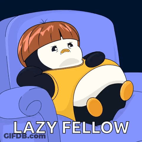 A Cartoon Of A Penguin Sitting In A Chair With The Words Lazy Fellow Below Him GIF