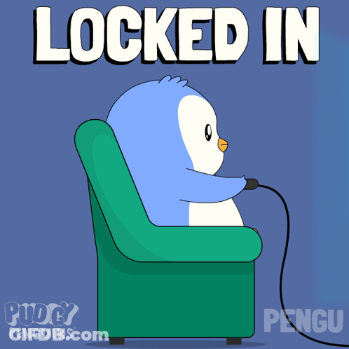 A Cartoon Of A Penguin Sitting In A Chair With The Words " Locked In " Above It GIF