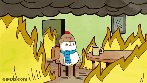 A Cartoon Of A Penguin Sitting In Front Of A Table With A Cup Of Coffee GIF