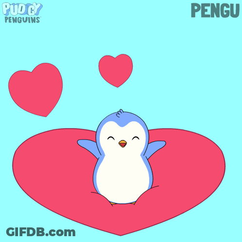 A Cartoon Of A Penguin Sitting On A Heart Surrounded By Hearts And The Name Pengu On The Bottom GIF