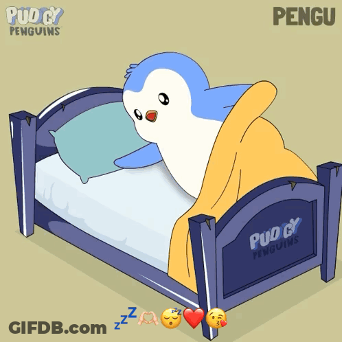 A Cartoon Of A Penguin Sleeping In A Bed With The Name Pengu On It GIF
