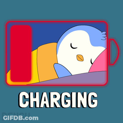 A Cartoon Of A Penguin Sleeping Next To A Charging Battery GIF