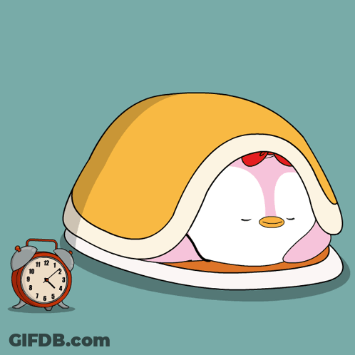 A Cartoon Of A Penguin Sleeping Next To An Alarm Clock GIF