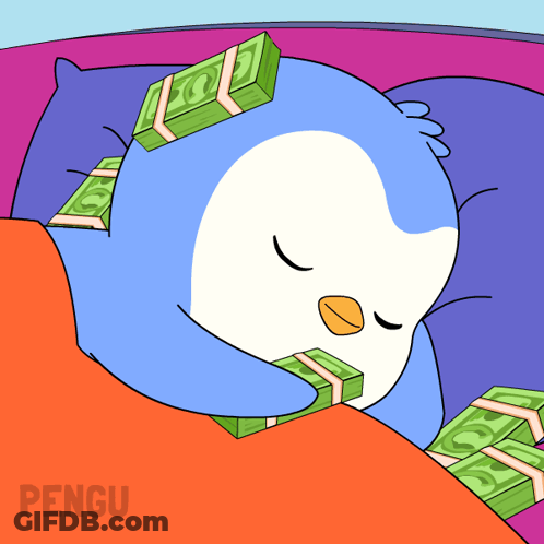 A Cartoon Of A Penguin Sleeping With Stacks Of Money On His Head GIF