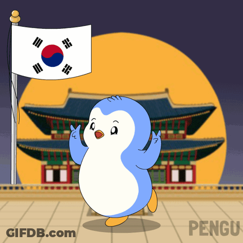 A Cartoon Of A Penguin Standing In Front Of A Flag With The Word Pengu On The Bottom GIF