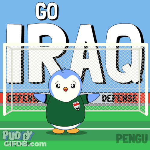A Cartoon Of A Penguin Standing In Front Of A Goal With The Words Go Iraq Behind Him GIF