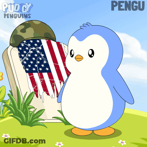 A Cartoon Of A Penguin Standing In Front Of A Gravestone With The Name Pengu On It GIF