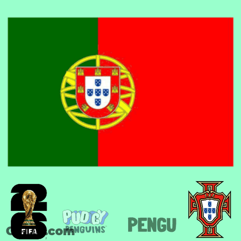 A Cartoon Of A Penguin Standing Next To A Flag And A Soccer Ball With The Word Pengu Below It GIF