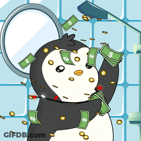 A Cartoon Of A Penguin Surrounded By Money And Coins With A Dollar Sign On It GIF