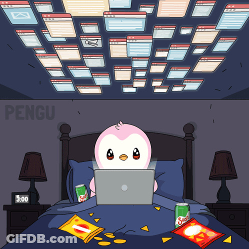 A Cartoon Of A Penguin Using A Laptop And A Clock That Says 3.00 GIF