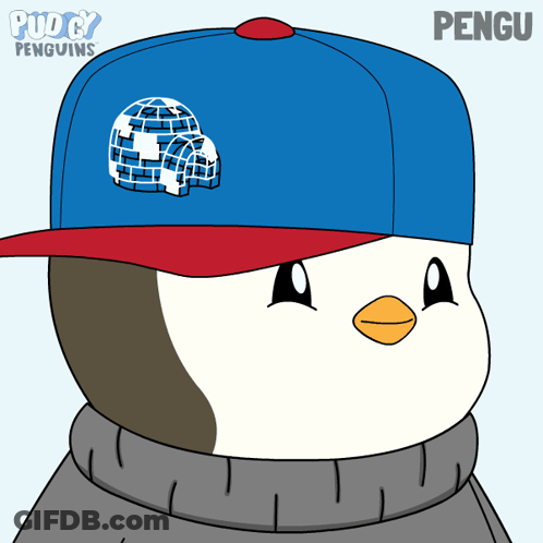 A Cartoon Of A Penguin Wearing A Blue Hat With The Name Pengu On It GIF