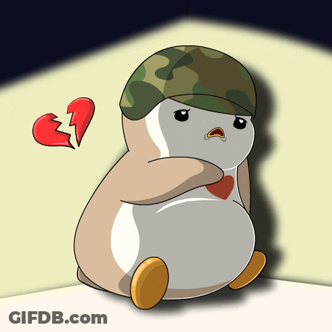 A Cartoon Of A Penguin Wearing A Camo Hat With A Broken Heart Behind Him GIF