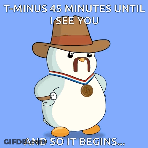 A Cartoon Of A Penguin Wearing A Cowboy Hat And A Medal That Says T Minus 45 Minutes Until I See You GIF