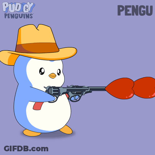 A Cartoon Of A Penguin Wearing A Cowboy Hat Holding A Gun And Boxing Gloves GIF