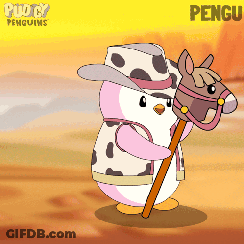 A Cartoon Of A Penguin Wearing A Cowboy Outfit And Holding A Stick With The Name Pengu On The Bottom GIF