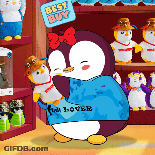 A Cartoon Of A Penguin Wearing A Fish Lover T-Shirt GIF
