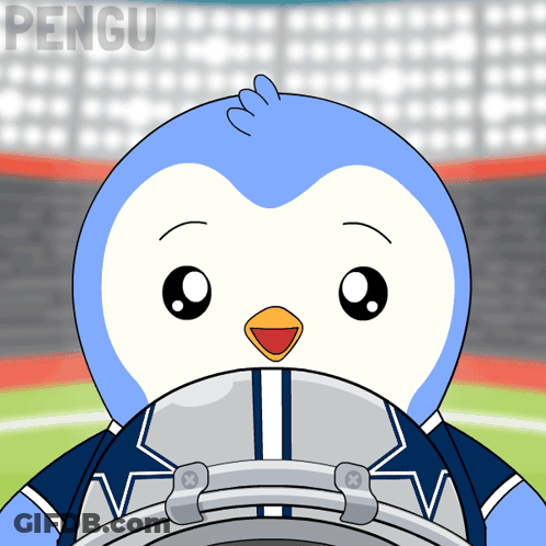 A Cartoon Of A Penguin Wearing A Football Helmet With The Word Pengu On The Bottom Right GIF