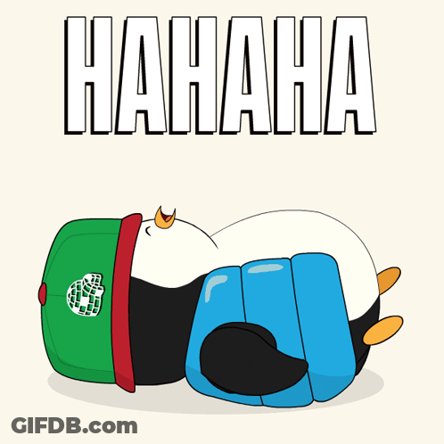 A Cartoon Of A Penguin Wearing A Green Hat And Blue Pants With The Word Hahaha Above It GIF