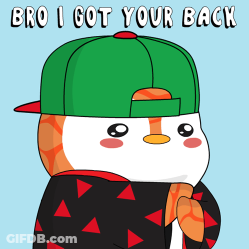 A Cartoon Of A Penguin Wearing A Green Hat With The Words Bro I Got Your Back Below It GIF