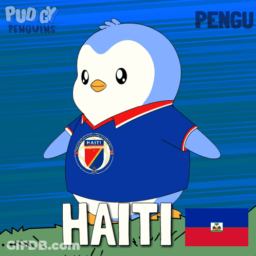 A Cartoon Of A Penguin Wearing A Haiti Jersey GIF