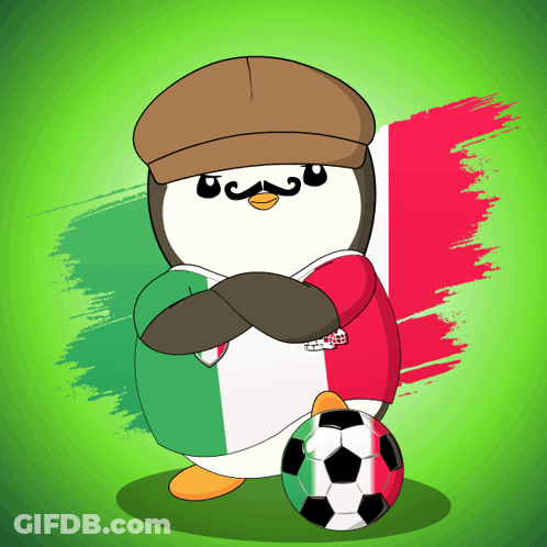 A Cartoon Of A Penguin Wearing A Hat And A Soccer Ball GIF