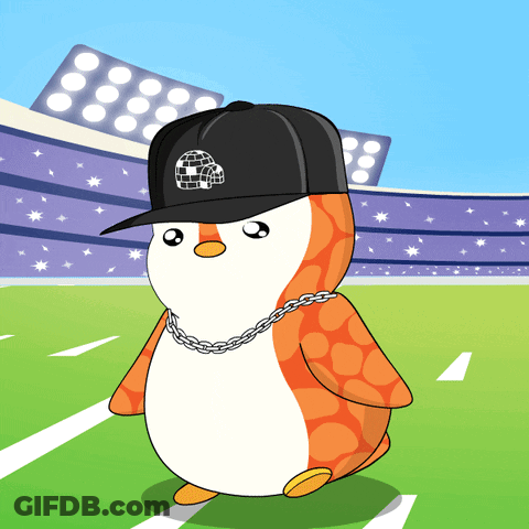 A Cartoon Of A Penguin Wearing A Hat And Chain Around His Neck GIF
