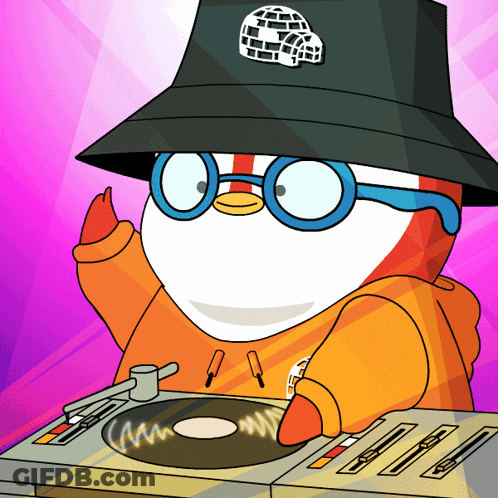 A Cartoon Of A Penguin Wearing A Hat And Glasses Playing A Record GIF