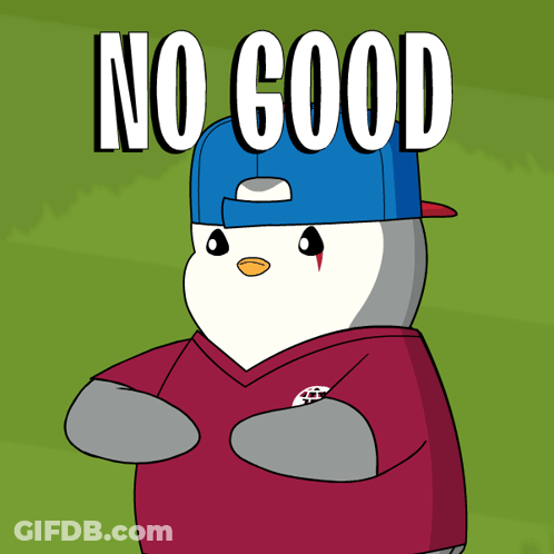 A Cartoon Of A Penguin Wearing A Hat That Says No Good On It GIF