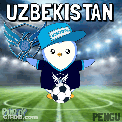 A Cartoon Of A Penguin Wearing A Hat That Says Uzbekistan On It GIF