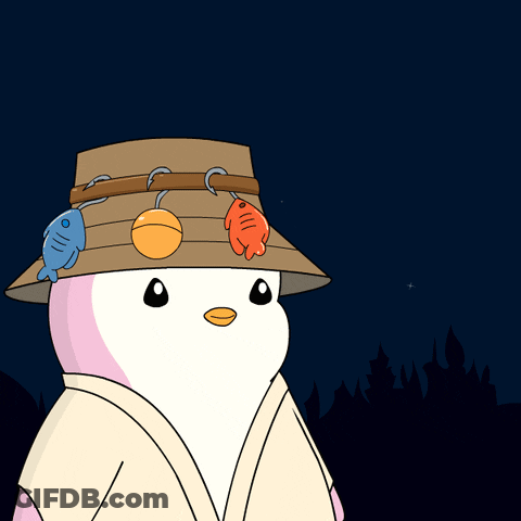 A Cartoon Of A Penguin Wearing A Hat With Hooks And Fish On It GIF