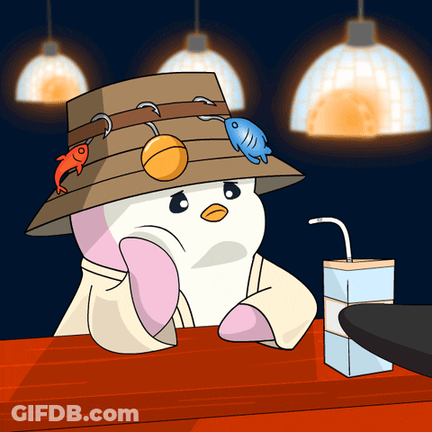 A Cartoon Of A Penguin Wearing A Hat With Hooks On It GIF