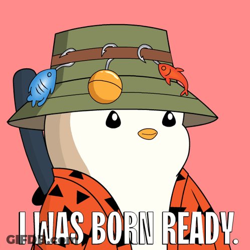 A Cartoon Of A Penguin Wearing A Hat With Hooks On It And The Words " I Was Born Ready " GIF