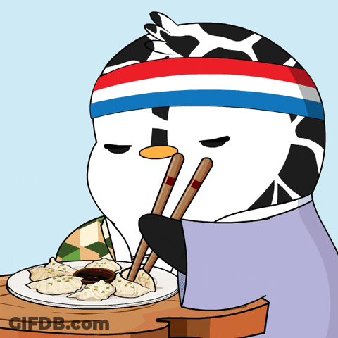A Cartoon Of A Penguin Wearing A Headband And Chopsticks Eating A Plate Of Dumplings GIF