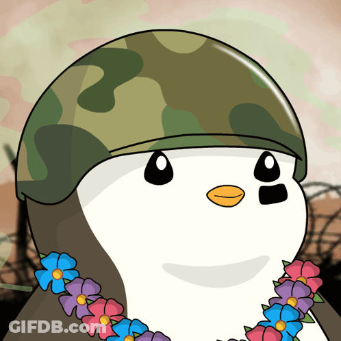 A Cartoon Of A Penguin Wearing A Helmet And Flowers Around His Neck GIF