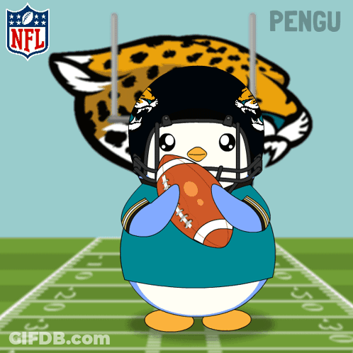 A Cartoon Of A Penguin Wearing A Helmet And Holding A Football In Front Of An NFL Logo GIF