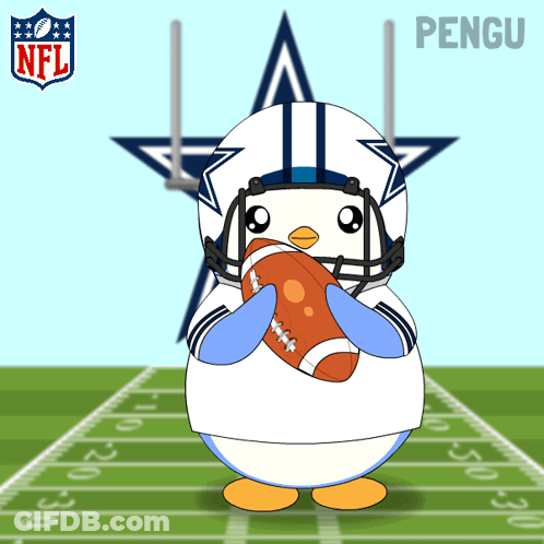 A Cartoon Of A Penguin Wearing A Helmet And Holding A Football In Front Of An NFL Logo GIF
