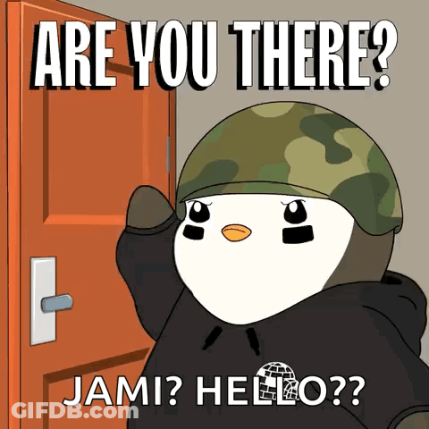 A Cartoon Of A Penguin Wearing A Helmet With The Words Are You There Jami Hello On The Bottom GIF