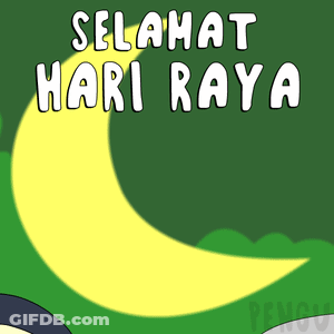 A Cartoon Of A Penguin Wearing A Hijab And A Penguin Wearing A Hat With The Words " Selamat Hari Raya " GIF