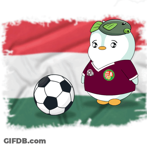 A Cartoon Of A Penguin Wearing A Jersey That Says Hungary GIF