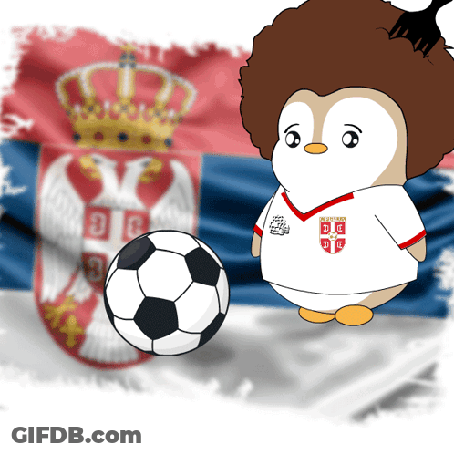A Cartoon Of A Penguin Wearing A Jersey That Says Srbija On It GIF